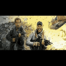 two men are holding guns in front of a dinosaur in a movie poster .