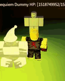 a roblox character is standing next to a dummy with the number 151874992/15 on it .
