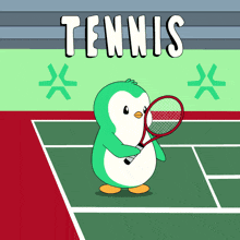 a cartoon of a penguin holding a tennis racket