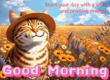 a picture of a cat wearing a straw hat with the words " start your day with a smile and positive energy " on the bottom