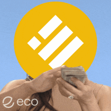 a woman is holding a stack of money in front of a yellow circle with the word eco on the bottom right