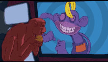 a cartoon of a monkey eating a banana and a purple monkey with a banana on its head