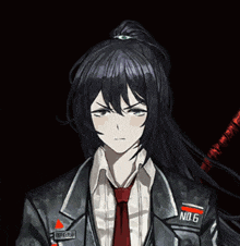 a girl with long black hair has a patch on her jacket that says no. 6