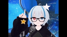 a girl with glasses and a star on her sleeve holds up her finger