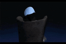 a cartoon character with a green and blue mask on their face