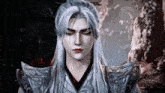 a man with long white hair and red lips is wearing a kimono