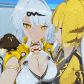 two anime girls are standing next to each other with one wearing a yellow jacket