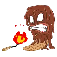 a cartoon drawing of a melted chocolate character holding a torch