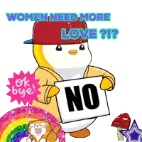a penguin holding up a sign that says no