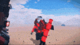 a video game character is holding a red object
