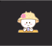 a cartoon character wearing a hat and holding a phone
