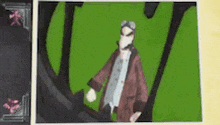a cartoon of a man in a red coat and goggles standing in a green forest .