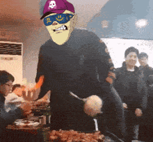 a cartoon of a man wearing sunglasses and a purple hat with a skull on it