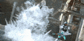 a video game character is holding a sword in front of a large explosion