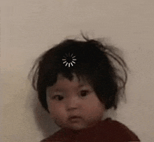 a baby is sitting in front of a white wall with a spinning wheel on his head .