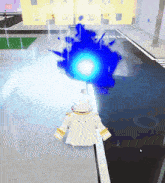 a person in a white coat is standing in front of a large blue object