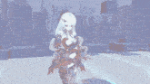 a screenshot of a video game shows a girl with white hair and red eyes