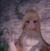 a girl with blonde hair and red eyes is wearing a white dress