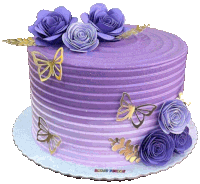 a purple cake with purple roses and butterflies