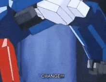 a robot is saying `` change '' while holding a gun .