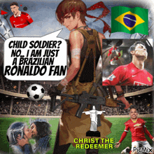 a cartoon of a child soldier holding a gun and a soccer ball with the caption " child soldier "