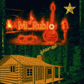 a picture of a log cabin with a guitar and microphone and the words mi-rubio