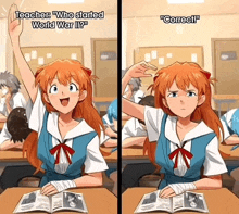 a cartoon of a girl raising her hand in a classroom with the caption " teacher who started world war ii correct "