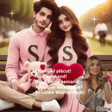 a man and a woman are sitting on a bench holding a teddy bear and a red heart