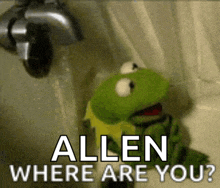 a kermit frog in a bathtub with the words " allen where are you " above him