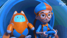 a cartoon character is driving a car next to a stuffed animal that looks like a cat .