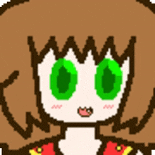 a pixel art drawing of a girl with brown hair and green eyes
