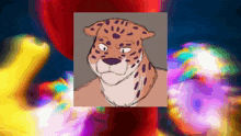 a cartoon drawing of a leopard with a colorful background behind it