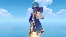 a blue haired anime character reading a book