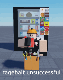 a cartoon character standing in front of a vending machine that says ragebait unsuccessful