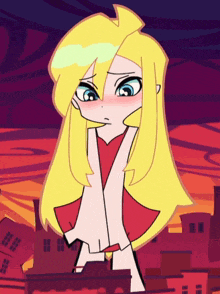 a cartoon drawing of a girl with blonde hair and a red dress