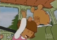 a cartoon girl is sitting in the back seat of a car with a teddy bear behind her .