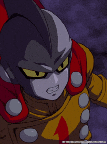 a close up of a cartoon character with a red arrow on his shoulder