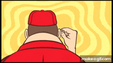 a cartoon of a man wearing a red baseball cap and a red jacket