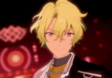 a cartoon character with yellow hair and pink eyes is smiling