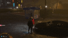 a screenshot of a video game shows a man and a woman standing in front of a 24 hour kiosk