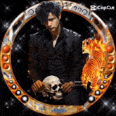 a picture of a man holding a skull and a tiger in a cap cut photo frame