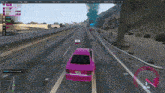 a pink car is driving down a highway in a video game with the word police on the top left