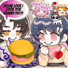 a cartoon of selene and krabby patty talking to each other