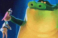 two cartoon characters are standing next to each other and one of them has a pink hat on