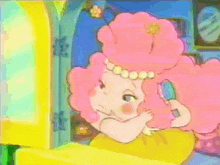 a cartoon of a girl with pink hair looking at herself in a mirror