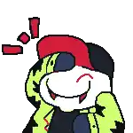 a pixel art of a cartoon character laughing with a red hat on