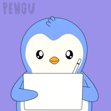 a penguin is holding a tablet with the word pengu on the bottom right