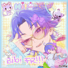 a picture of a girl with purple hair and the words bibi fr !!!
