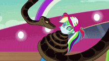 a cartoon rainbow dash is being coiled by a snake