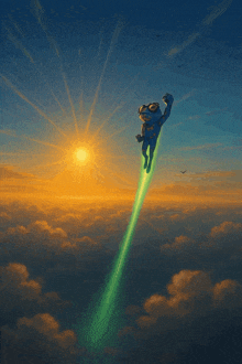 a cartoon character is flying through the air with a green light behind him